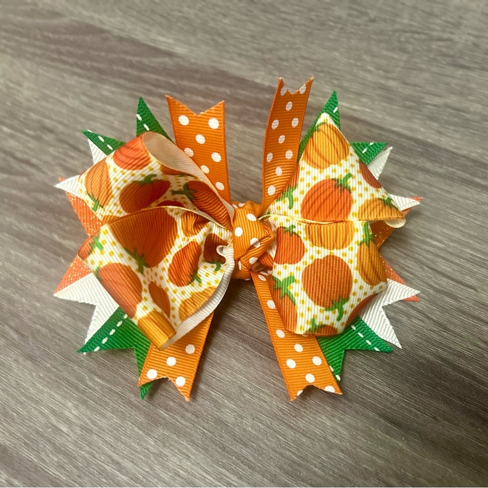 Playful Orange and Green Pumpkin Polka Dot Fall Hair Bow